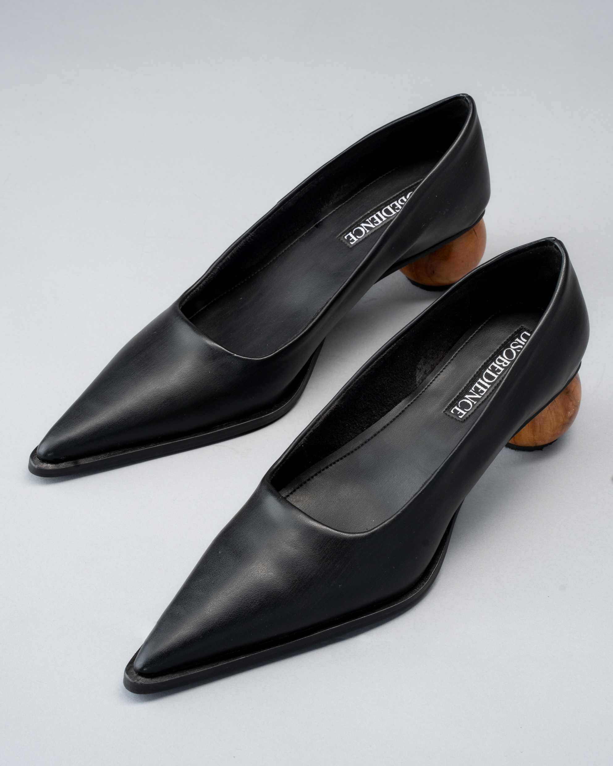 Smoky Black Plant Leather Pump with Spherical Wooden Heel